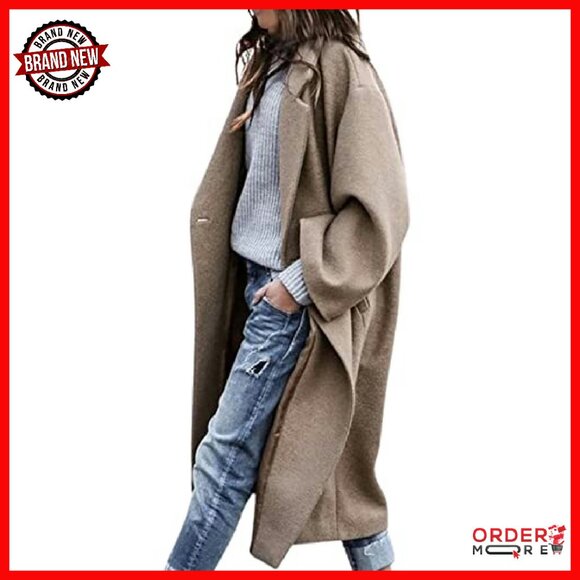 Oversized Wool Blend Trench Coat Midi Length Notched Collar - Picture 2 of 8